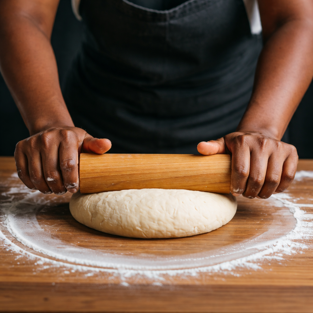Soulful close up of hands rolling fresh dough on a wooden surface